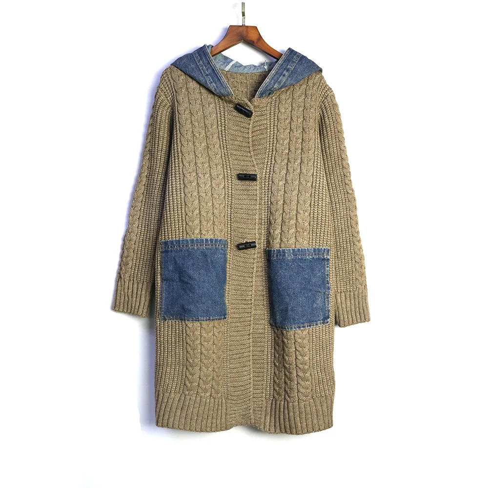 Дънкови трикотажни палто със средна дължина, с качулка, женски зимни однобортные реколта топли жилетки, пуловер 1