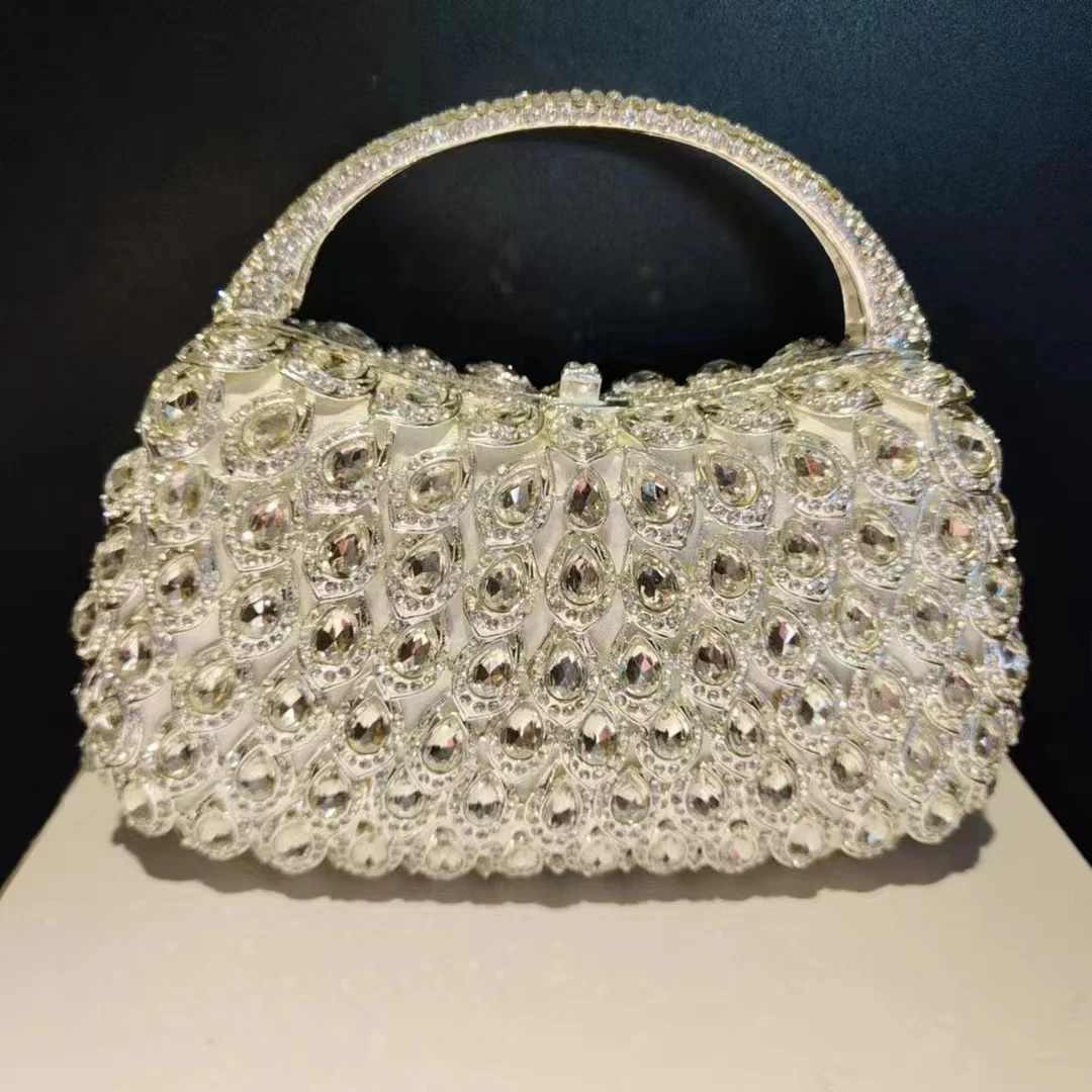 Дамски вечерна дамска чанта с кристали, сребристо-бял сватбен клатч с кристали, чанта-клатч за бала, дневни клатчи с диаманти, чанта-верига за парти 1