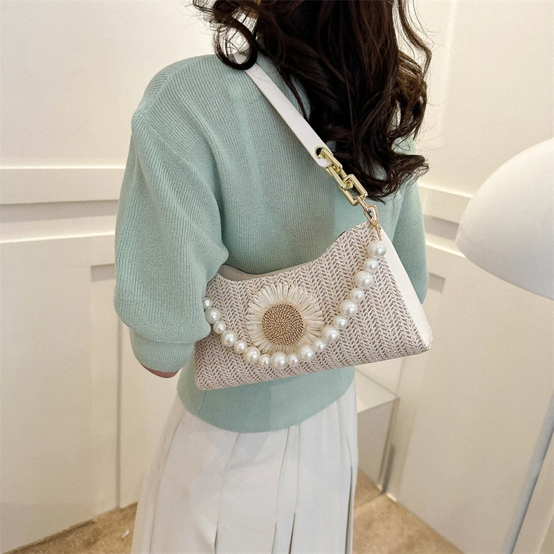 Перлена дамска чанта в стил ретро, луксозна дизайнерска чанта, сламени чанти през рамо, модни дамски чанти-тоут 2023, трендови чанта през рамо, портфейли 2