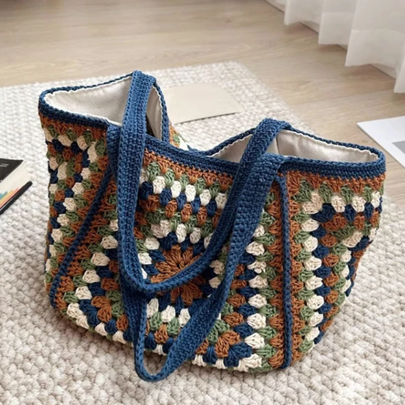 Модерна чанта за рамо с цветя модел, вязаная на една кука, тканая чанта, дамски голяма ежедневна чанта-тоут 3