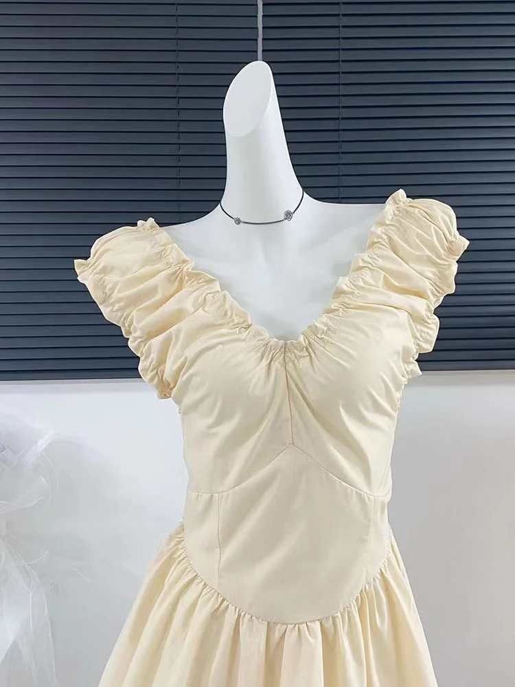 Френското рокля PEIRESA с елегантните къдри, завязками, V-образно деколте, тънка талия, без ръкави, обикновена midi-рокли трапецовидна форма, новост лятото 2023 година 3