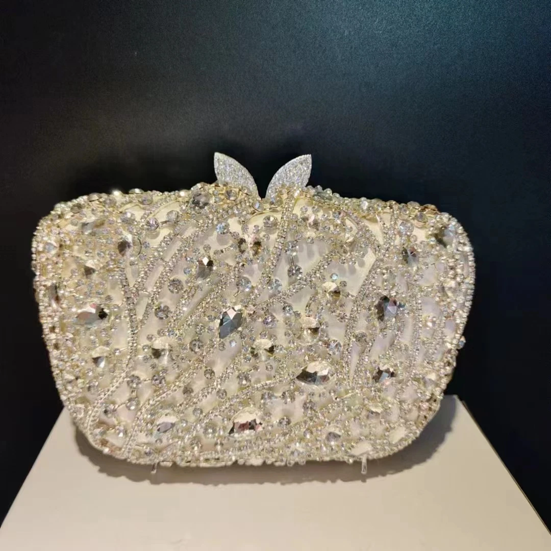 Дамски вечерна дамска чанта с кристали, сребристо-бял сватбен клатч с кристали, чанта-клатч за бала, дневни клатчи с диаманти, чанта-верига за парти 3