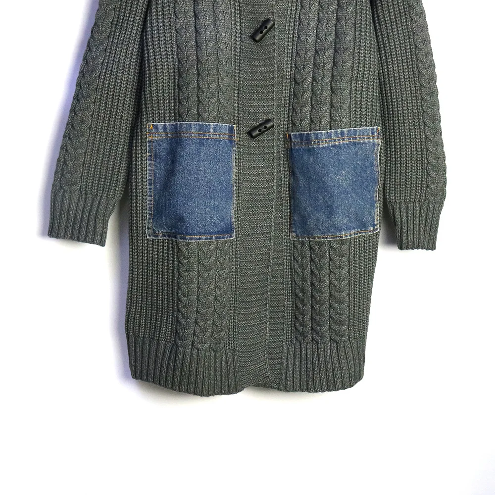 Дънкови трикотажни палто със средна дължина, с качулка, женски зимни однобортные реколта топли жилетки, пуловер 4