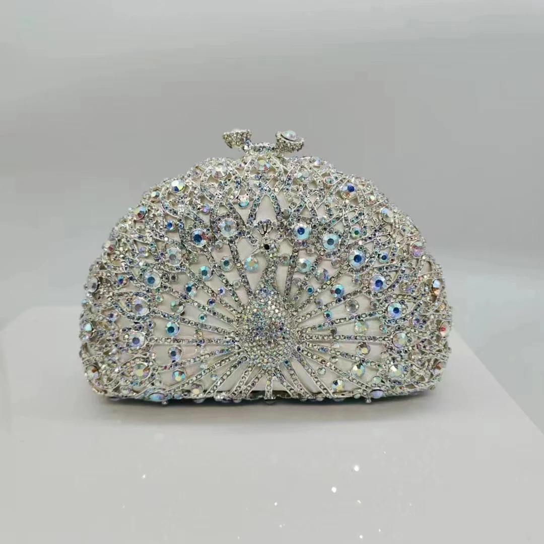 Дамски вечерна дамска чанта с кристали, сребристо-бял сватбен клатч с кристали, чанта-клатч за бала, дневни клатчи с диаманти, чанта-верига за парти 4