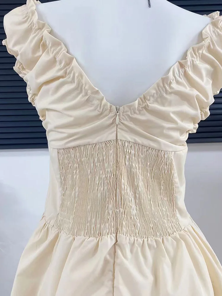 Френското рокля PEIRESA с елегантните къдри, завязками, V-образно деколте, тънка талия, без ръкави, обикновена midi-рокли трапецовидна форма, новост лятото 2023 година 5